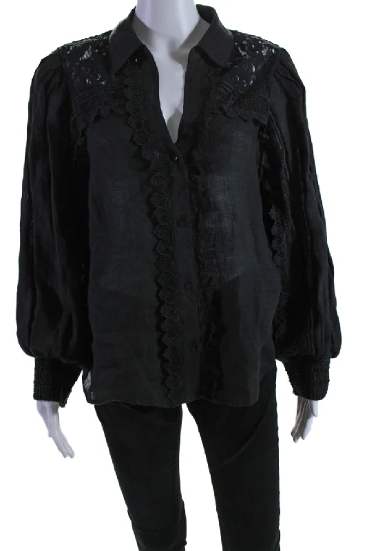 Alice + Olivia Womens Linen Collared Buttoned Long Sleeve Blouse Black