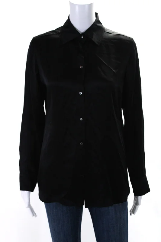 Bouchra Jarrar Womens Silk Collared Buttoned Long Sleeve Blouse Top Black