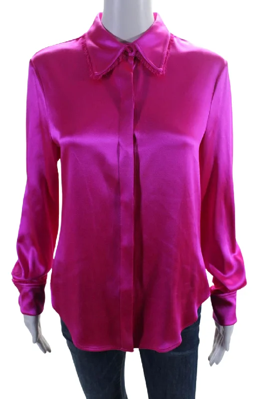 Brandon Maxwell Womens Silk Long Sleeve Fringe Trim Buttoned Blouse Pink