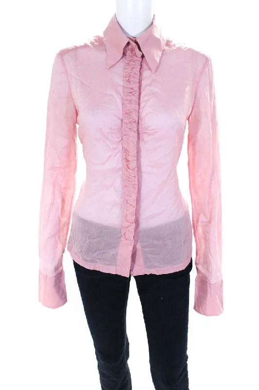 Chanel Women's Long Sleeve Collared Ruffle Trim Blouse Pink