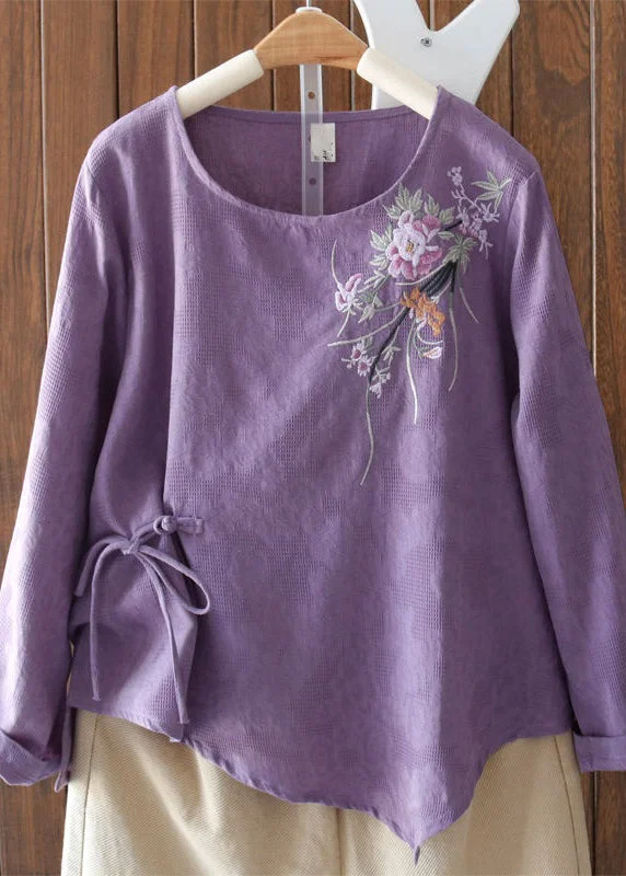 Elegant Purple Embroidered Lace Up Cotton Blouses Long Sleeve