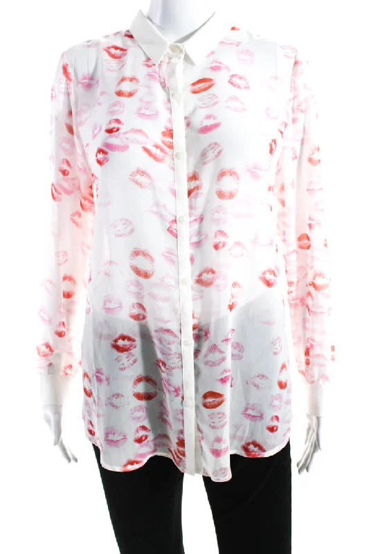 Erin Fetherston Womens Kiss Print Long Sleeve Button Up Blouse Top White