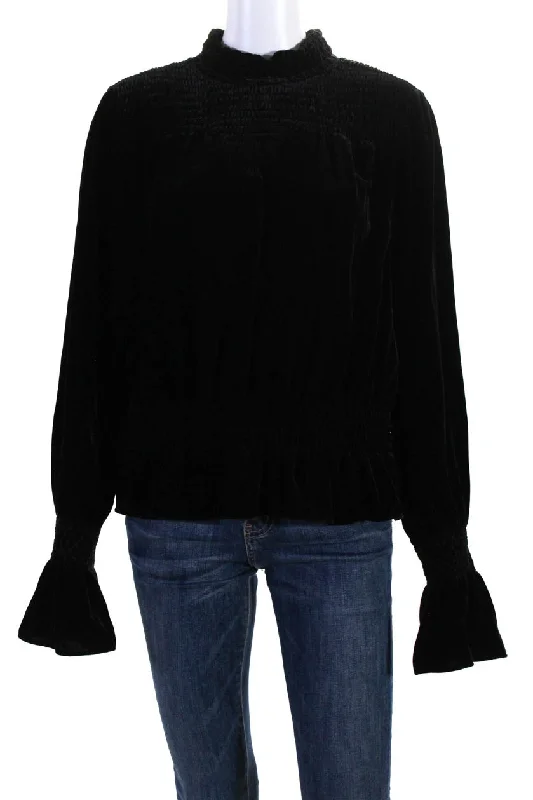 Frame Womens Crew Neck Cinched Velvet Long Sleeve Blouse Top Black