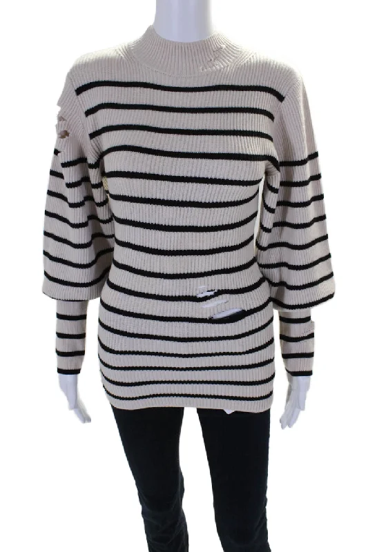 Khaite Womens Wool Striped High Neck Long Sleeve Distressed Top Beige