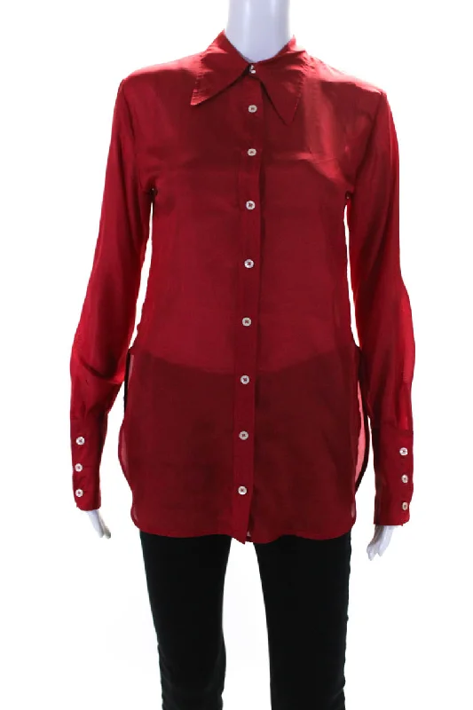 La Fetiche Womens Lightweight Silk Long Sleeve Button Up Blouse Red