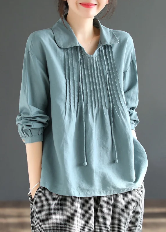 Loose Blue Wrinkled Lace Up Patchwork Cotton Top Long Sleeve