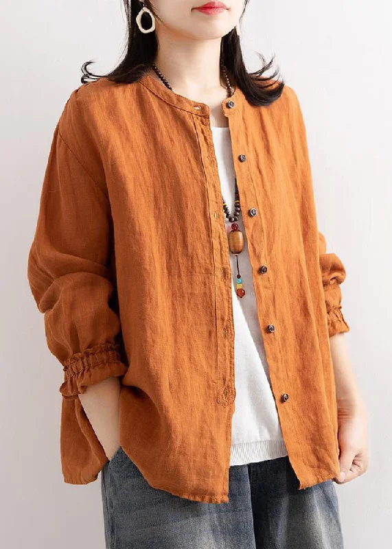 Loose Orange O Neck Ruffled Button Linen Blouses Long Sleeve