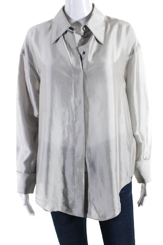 Mantu Womens Silk Organza Long Sleeve Button Up Top Blouse Cloud Gray