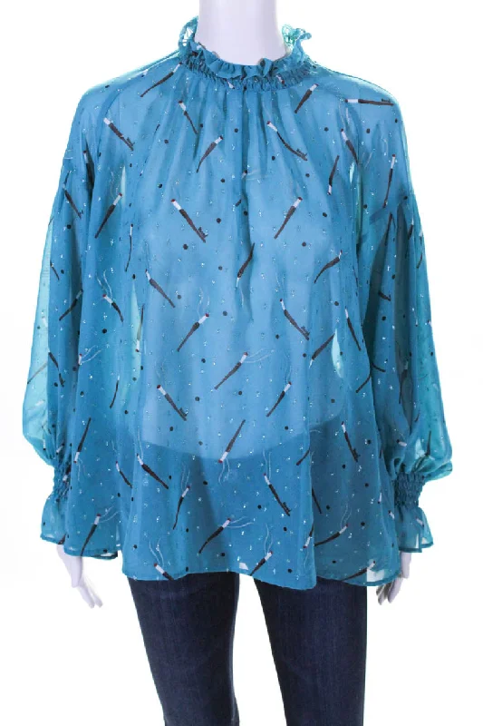 Muveil Womens Cigarette Print Long Sleeve Collar Blouse Turquoise