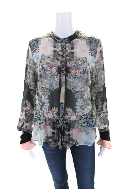 Preen By Thornton Bregazzi Womens Black Silk Floral Long Sleeve Blouse Top