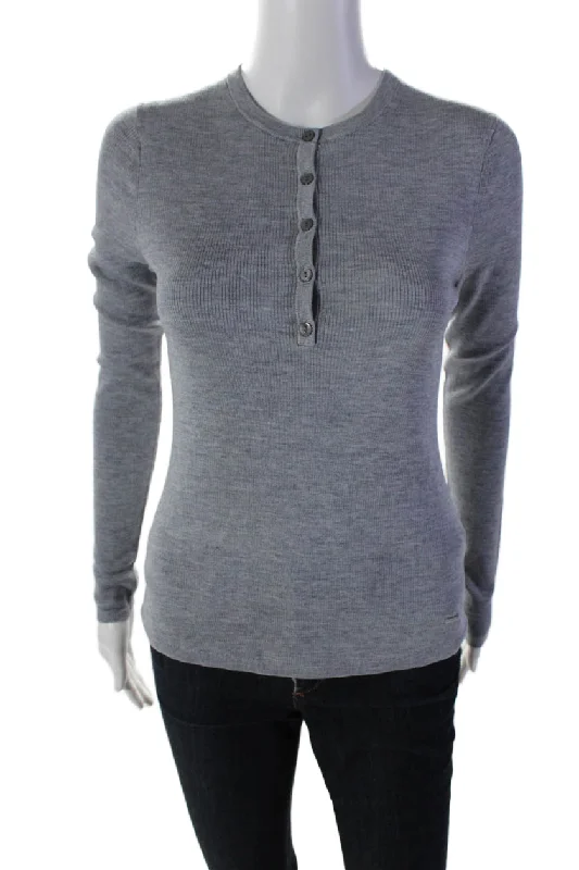 Simkhai Womens Silk Long Sleeve Ribbed Knit Henley Top Gray