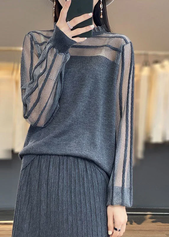 Unique Grey O-Neck Ruffled Tulle Patchwork Woolen Top Long Sleeve