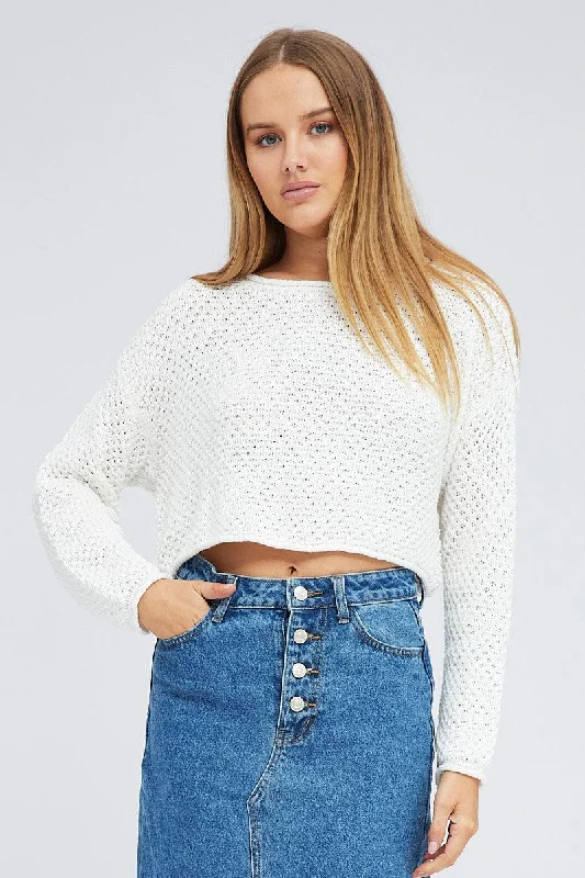 White Knit Top Long Sleeve Crew Neck