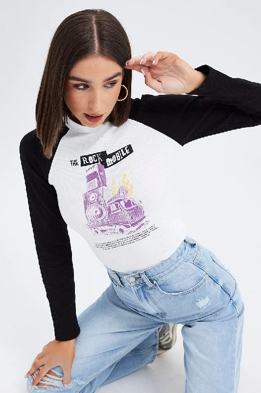 White Top Long Sleeve Crew Neck Longline Rock Graphic