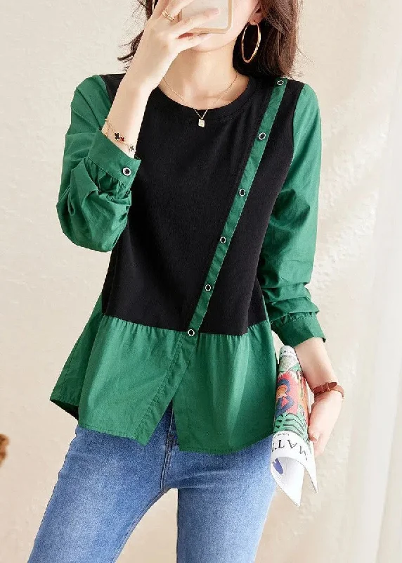 Women Green O-Neck Asymmetrical Patchwork Wrinkled Top Long Sleeve