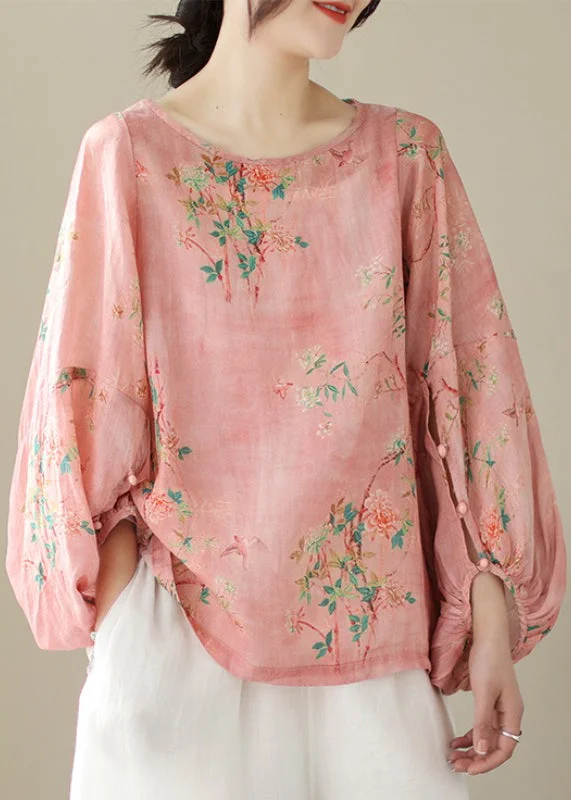 Women Pink Print Button Patchwork Cotton Tops Long Sleeve