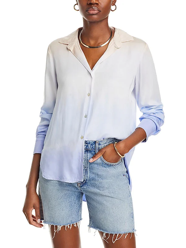 Womens Collar Long Sleeve Button-Down Top