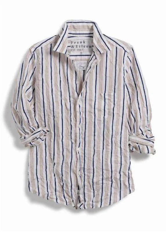 Barry Signature Crinkle Button Up Shirt In Navy Sand Double StripePrinted Shirts