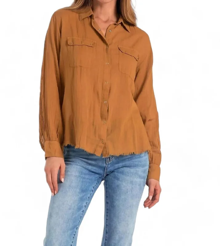 Collared Button Down Shirt In Dark CamelMetallic Shirts