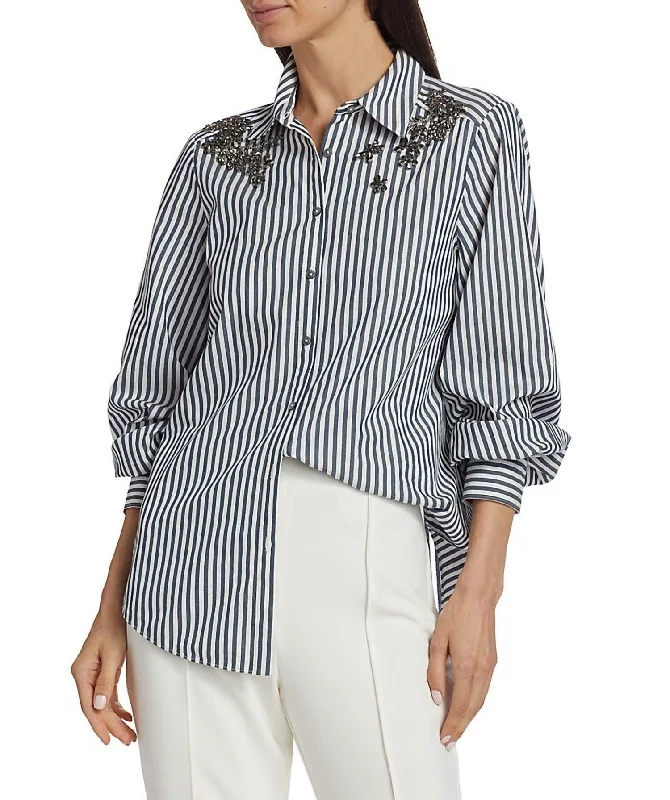 Crystal Ivy Stripe Kandice Embellished Shirt In Blue/ivoryButton-Down Shirts