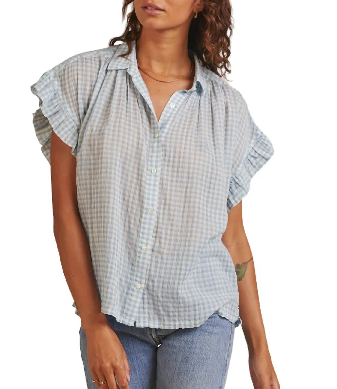 Marianne B Ruffle Sleeve Shirt In Lt Blue CheckRainproof Shirts