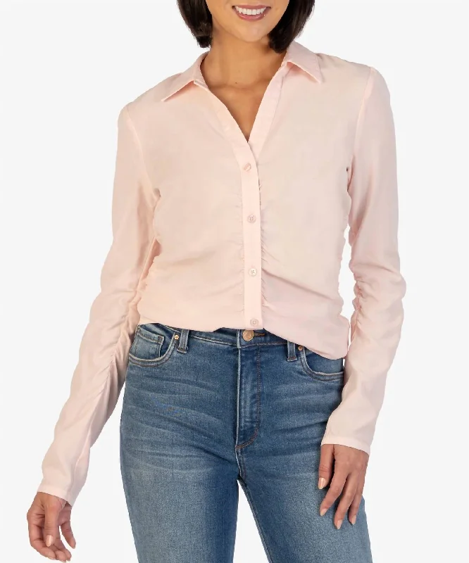 Mercedes Long Sleeve Button Down Shirt In Soft PinkPolyester Shirts