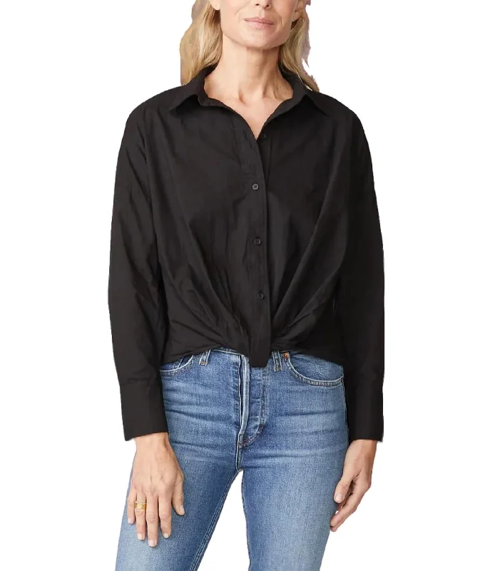 Poplin Long Sleeve Front Twist Shirt In BlackFloral Shirts