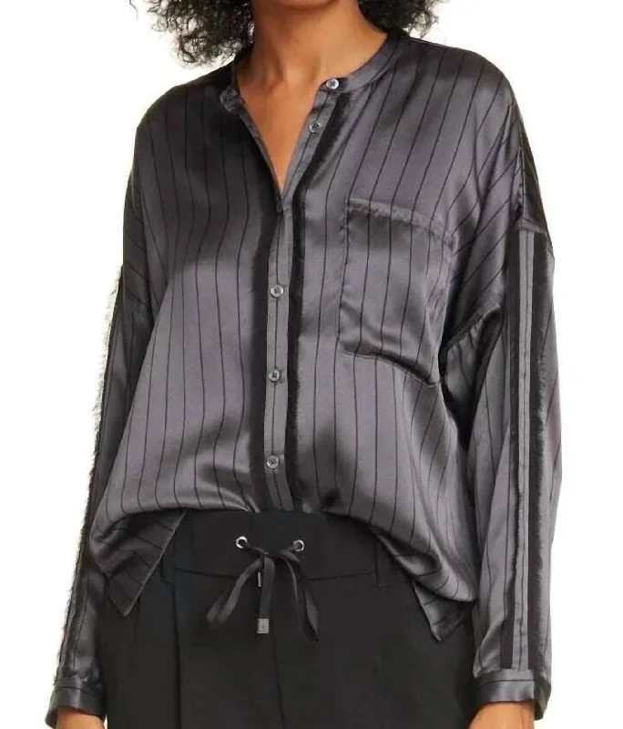 Silk Striped Button Down Shirt With Fringe In Asphalt/blackBranded Shirts