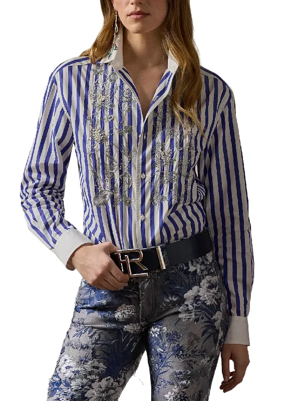 Umbrella Long Sleeve Button Front Shirt In Blue/whiteBamboo Shirts