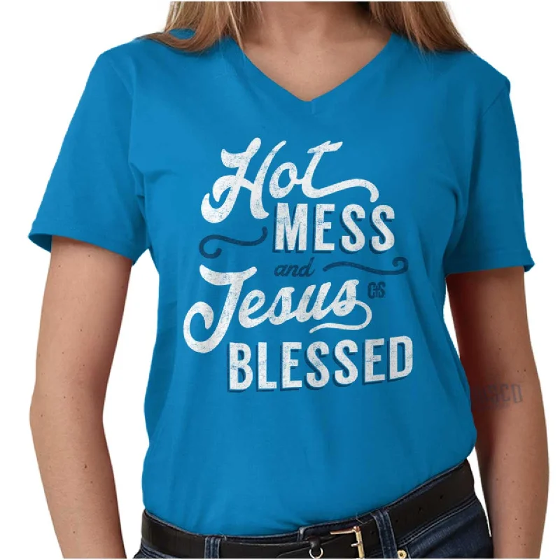 Hot Mess Blessed V-Neck T ShirtCamping T-Shirts