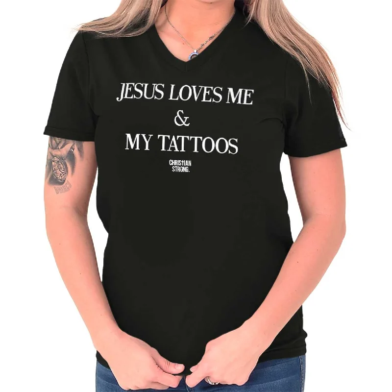 Jesus Loves My Tattoo V-Neck T ShirtEmbroidered T-Shirts