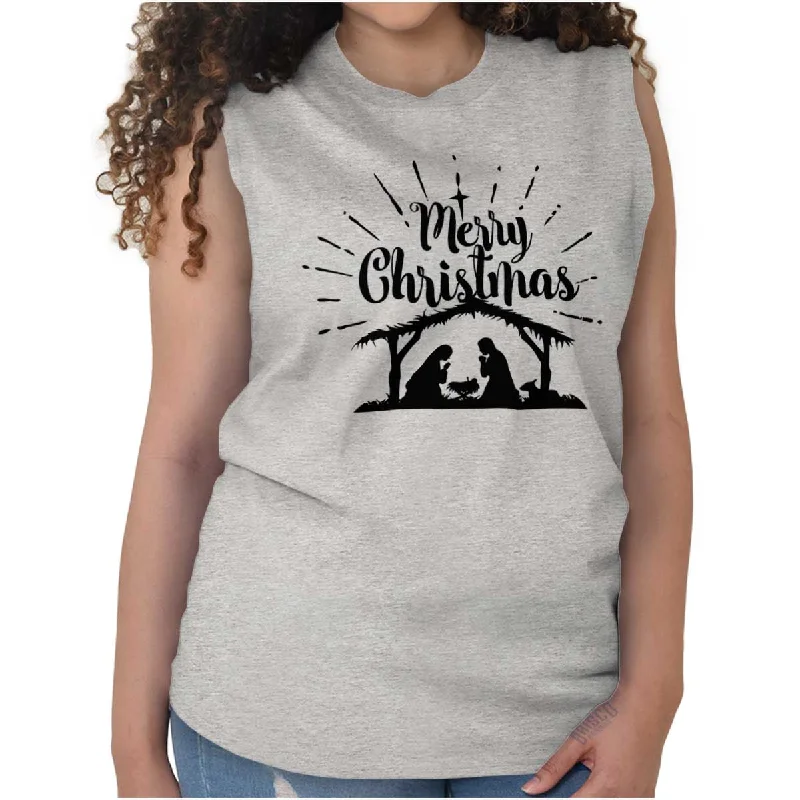 Nativity Scene Merry Christmas Sleeveless T-ShirtCrewneck T-Shirts