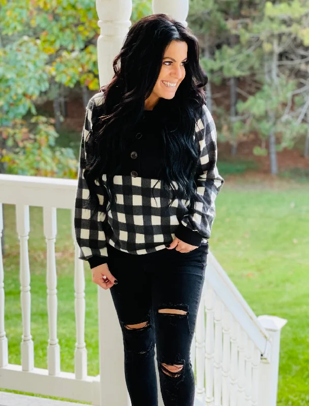 Black/White Plaid Pullover HoodieColorblock Hoodies