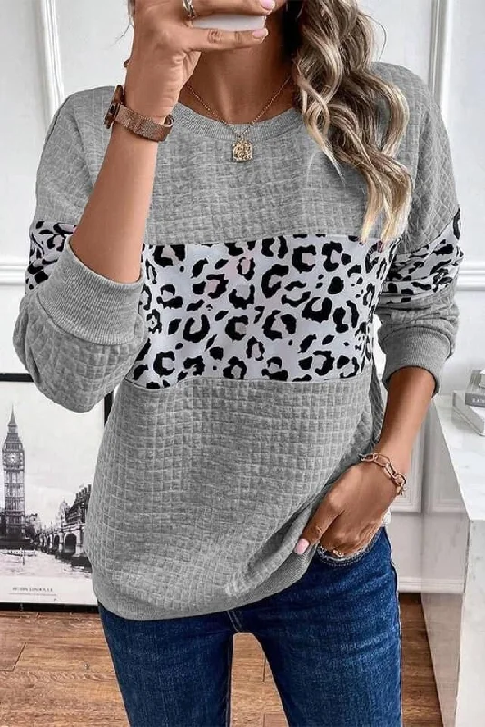 Gray Leopard Quilted Patchwork Crew Neck SweatshirtFringed Hoodies