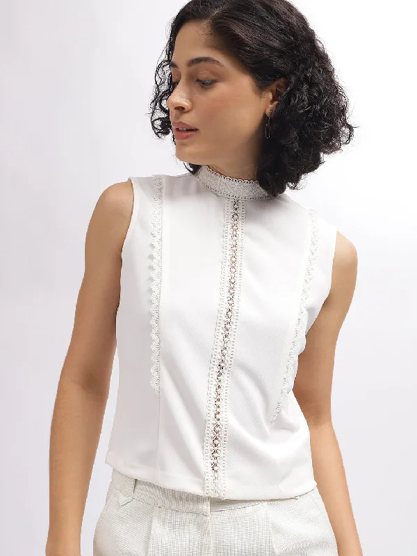 Cotton sleeveless topsCentre Stage Women Off White Solid Band Collar Sleeveless Top