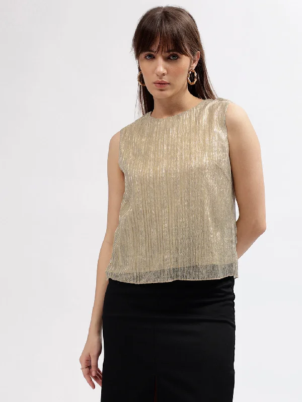 Velvet sleeveless topCentre Stage Women Gold Self Designed Round Neck Sleeveless Top