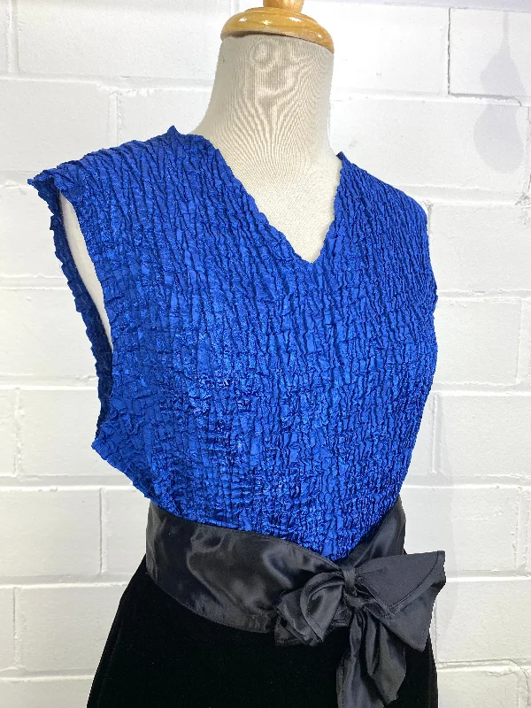 High-neck sleeveless topsVintage 1990s Royal Blue Stretchy Satin Crinkle Sleeveless Top, L