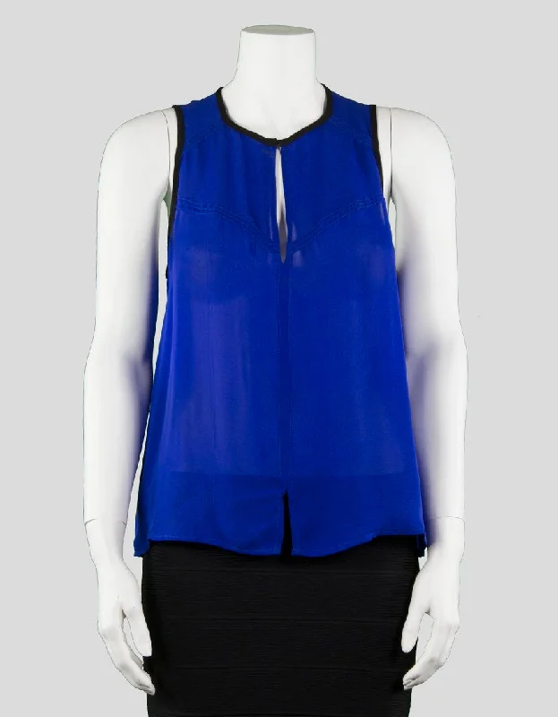 Affordable sleeveless topsA.L.C. Blue Sleeveless A Line Blouse With Black Trim And Peep Hole At Collar And On Back And Slit At Front Waist Size Small