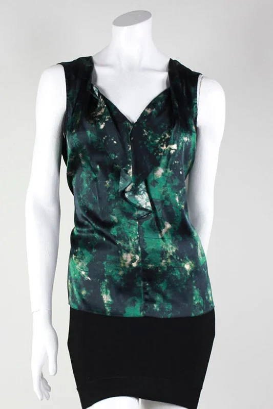 Bohemian sleeveless topsElie Tahari Green Black And Cream Abstract Print Sleeveless Blouse Size L