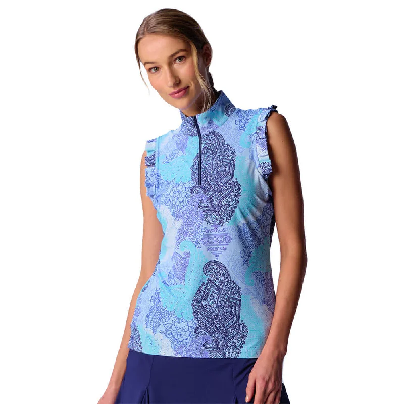 V-neck sleeveless topsG Lifestyle Half Zip Ruffle Sleeveless Top - Blue Paisley