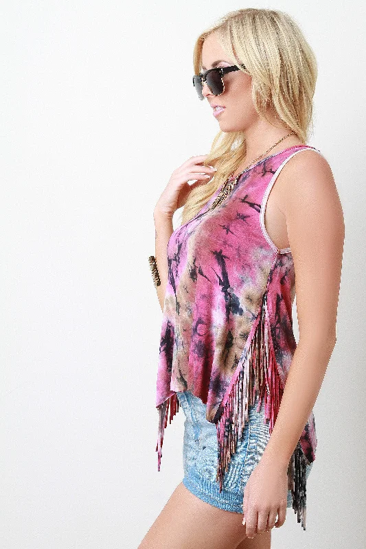 Sleeveless shirtsTie Dye Fringe Asymmetrical Sleeveless Top