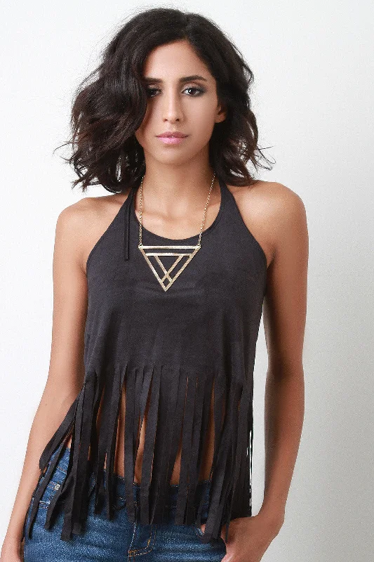 Thin sleeveless topsSuede Fringe Open Back Halter Sleeveless Top