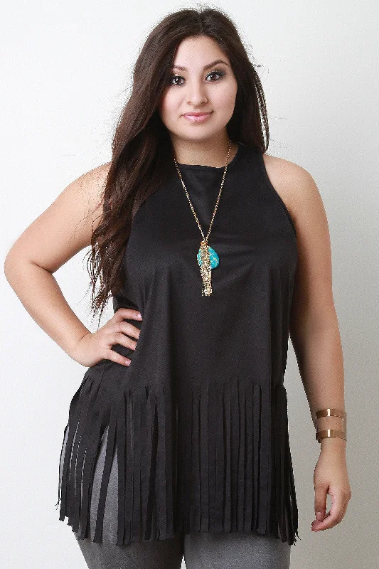 Polyester sleeveless topSleeveless Suede Fringe Hem Top