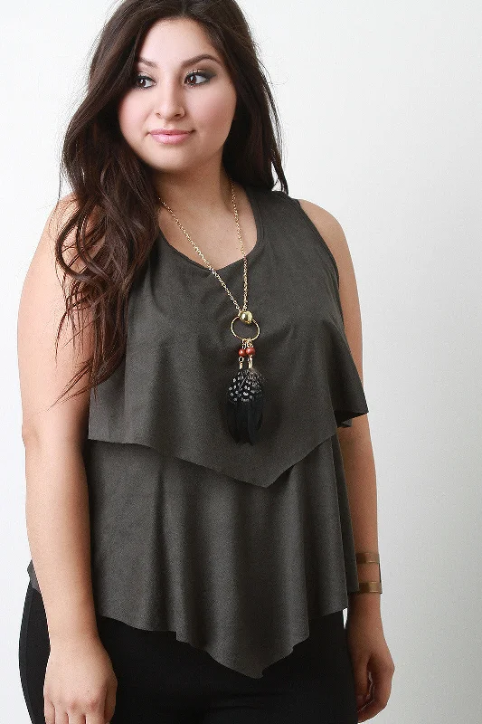 Autumn sleeveless topsFeather Necklace Suede Tier Sleeveless Top