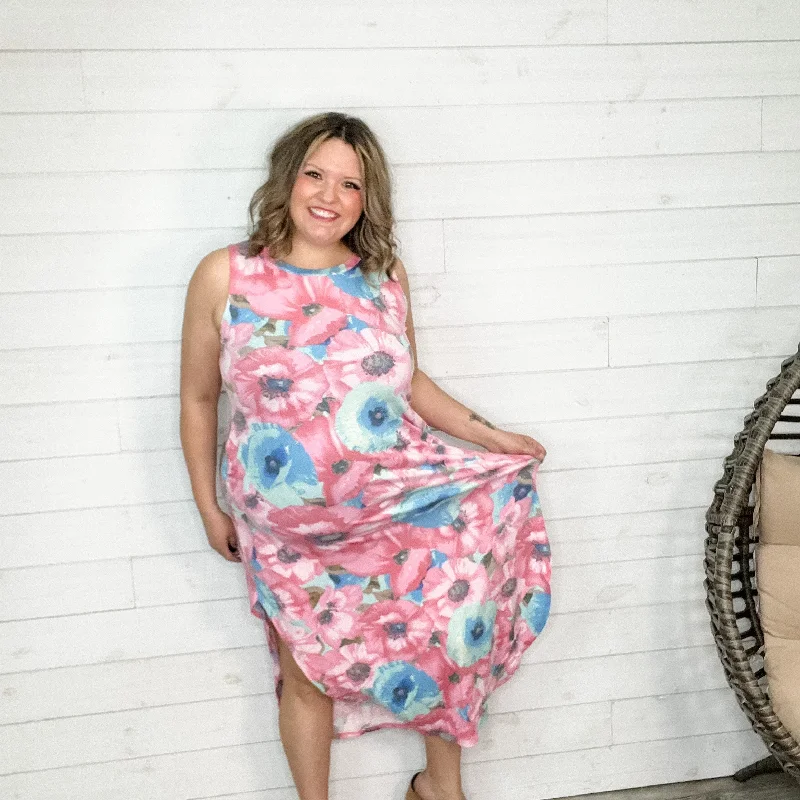 Short sleeveless top"Calgon Take Me Away" Sleeveless Floral Maxi with Pockets (Pink)