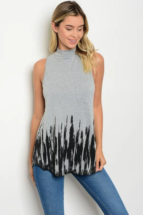 Elegant sleeveless topsGray Black Sleeveless Mock Neck Tie Dye Print Top