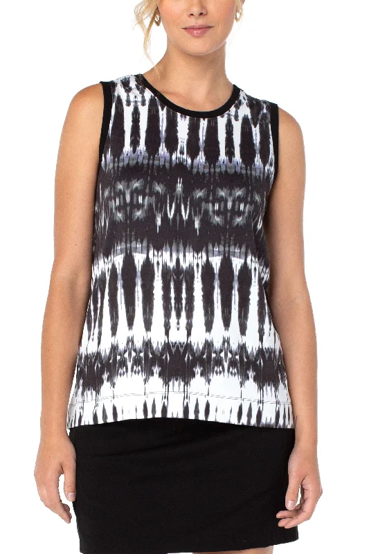 Fashion sleeveless topsLiverpool Sleeveless Knit Top With Miter Back In Black And White Tie Dye