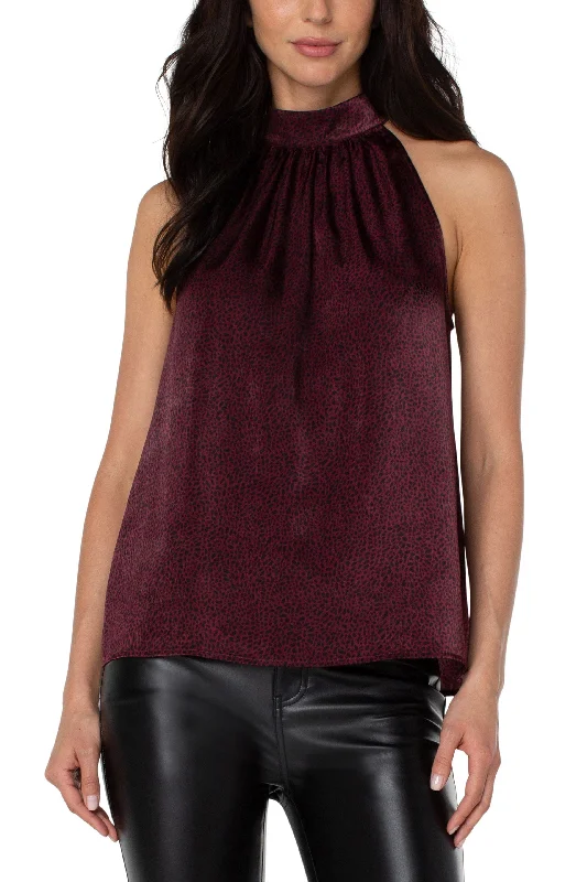 High-neck sleeveless topsLiverpool Sleeveless Mock Neck Halter Top In Burgundy Leopard Print