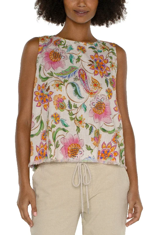 Street style sleeveless topsLiverpool Sleeveless Woven Top With Button Back And Frayed Hem In Pink Multi Floral