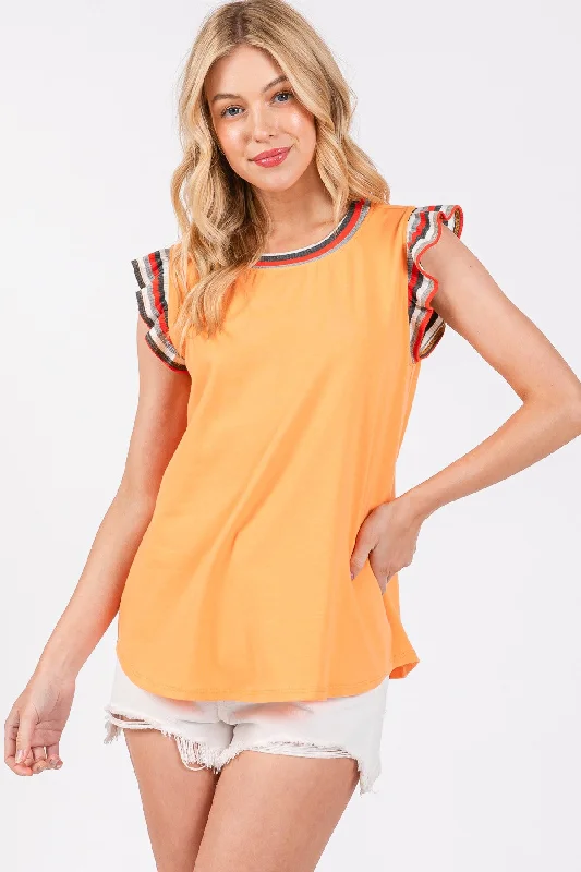 Classic sleeveless topsORANGE STRIPE CONTRAST ROUND NECK SHIRRING SLEEVELESS TOP CFTT3040AG